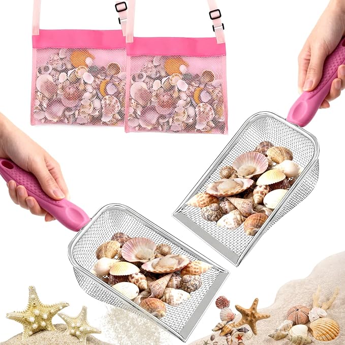 fethwoin 2Pcs Shark Tooth Sifter with 2Pcs Mesh Shell Bags, Beach Sand Sifter, Sea Shell Scooper for Beach, Sand Beach Toys for Kids, Medium, Pink