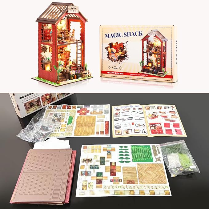 DIY Book Nook Kit, Beginner 3D Puzzle Wooden Book Nook, Dollhouse Kit, with Furniture and LED Light, Accessories Educational Toys, for 14+ Teens and Adults Building