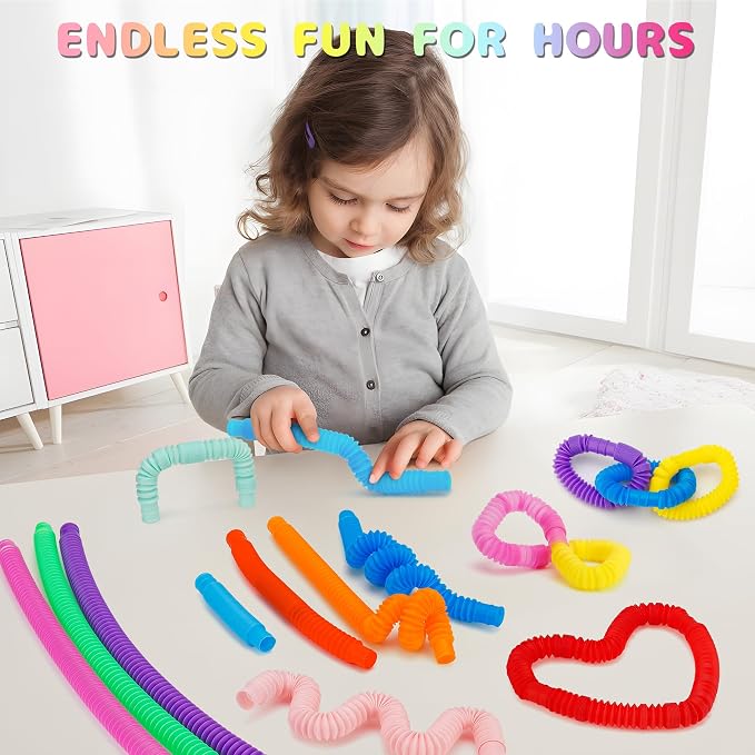 Pop Tubes, 60PCS Fidget Sensory Toys, Party Favors,Birthday Gifts,Goodie Bag Stuffers, Classroom School Reward,Creative STEM Learning & Fun for Toddler Kids(10 Colors)
