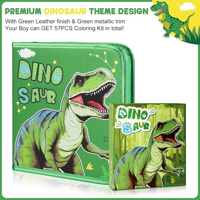 MAIGOZON Dinosaur Gifts for Boys - 57 PCS Scented Markers Art Supplies Set for Kids Ages 4-8, Coloring Drawing Kit with Dino Case, Coloring Book & Quick-Dry Gel Pens, Birthday Christmas Gift