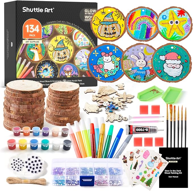 Kids Wood Painting Craft Kit, Glow-in-the-Dark Paint and Diamond Painting on Wood Slices with Stickers & Wiggle Eyes, Ideal Arts and Crafts for Kids Ages 5-12, Gifts for Halloween, Christmas, Birthday