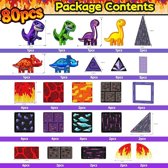GobiDex 80PCS Dinosaur Toys Magnetic Tiles with 6 Dinosaurs - Jurassic Scenes Dinosaur World Adventure Set, Magnetic Blocks for Kids Ages 3-5 4-8, STEM Building Toys for 3+ Year Old Boy Birthday Gifts