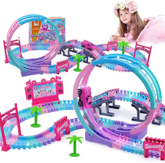 Track Set Magic Toy Car for Kids, 144Pcs Flexible Race Car Tracks with 360 Loop Slope Ramp, Glow in The Dark Car, Construction Tracks Toy Set-Best Birthday Gift for 3 4 5 6 7 8 Years Girls Boys