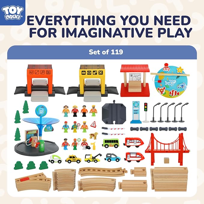 TOY Life Wooden Train Set for Toddlers 2-4, 119PCS City Train Toys with Wooden Train Track, Electric Train Set for Kids 4-8, Toddler Toys for 3 4 5 6 Year Old Boys Girls, Compatible with Major Brand