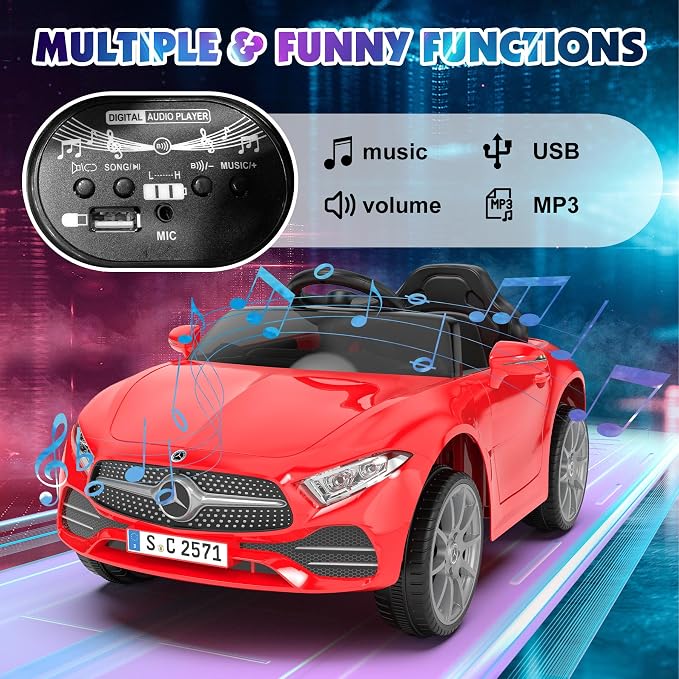 Battery Powered Electric Car Ride On Vehicle Double Doors, Safety Belt,LED Light (SC-Red)