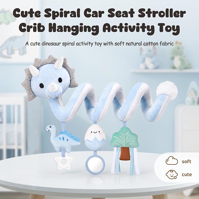 Stuffed Dinosaur Spiral Car Seat Toys Hanging for Babies 0-3 3-6 6-12 Months, Plush Infant Stroller Toy with Silicone Teether, Crinkle and Squeaker, Soft Cute Shower Gifts for Newborn Boys Girls
