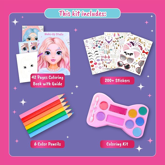 BSCOOL Make-up Artist. 3 in 1 Fun Makeup, Sticker, Coloring Kit, Includes Color Pencils, Makeup Palette, and 200+ Stickers. for Girls Ages 5,6,7,8. Make Up Style Coloring Book. Gift for Girls