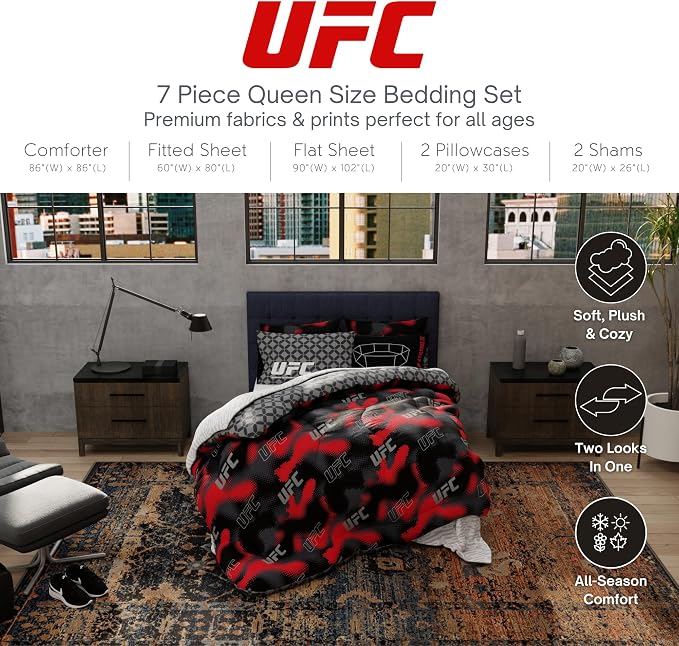UFC Fight Night Bedding Set, Queen Size 7 Piece Set Super Soft Cozy Reversible Comforter and Sheet Set with Sham, (100% Officially Licensed Product) by Franco