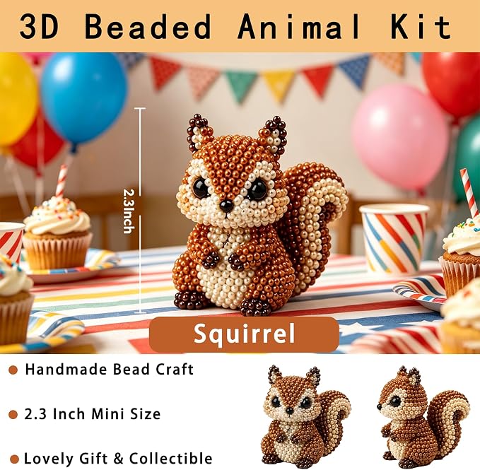 CJNEJGT Kid Friendly 3D Beaded Animal DIY Kit, Stress Relief Leisure DIY Bead Toy Set, Beginner Bead Embroidery Craft Gift with Step-by-Step Instructions (Squirrel)