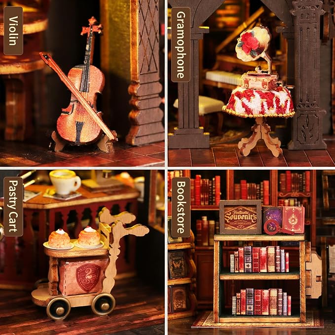 CUTEROOM DIY Miniature House Kit, Wooden Dollhouse Kit with LED Magic Tiny House Kits for Women Adult Gifts for Christmas Birthday (Book Coffee Shop)