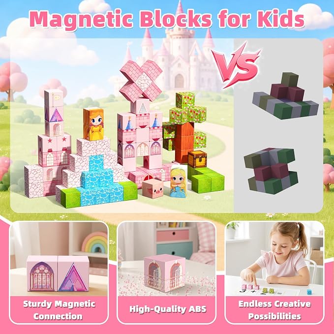 Magnetic Blocks, 48PCS Magnetic Building Cube Set for Kids Ages 3+, Constructions STEM Stacking Tiles Toy Building Birthday Gifts for Girls