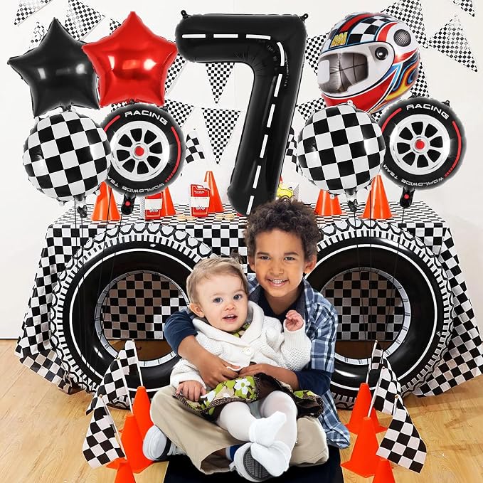 Race Car 7 Balloons, 40 Inch Racetrack Number 7 Balloon, Large Foil Mylar Racetrack Black 7 Balloon for 7 Year Old Birthday Race Car Themed Party Decoration