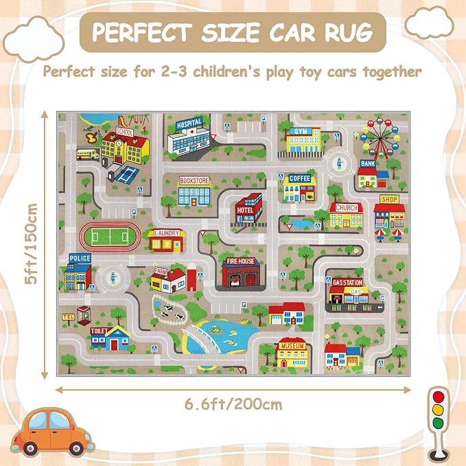 Capslpad Tan Car Road Kid Rug Carpet Playmat for Playoom Traffic Road Kids Play Mat for Toddler Non Slip Washable City Map Race Track Carpet Rug for Kids Room Bedroom Nursery Room Decor,6.6'x5'