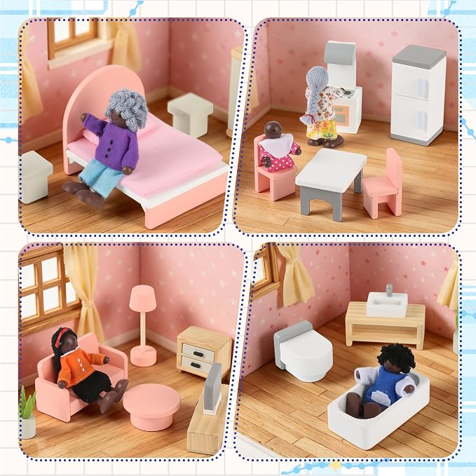 8PCS Wooden Dollhouse Family Miniature Doll Set Wooden Dollhouse Dolls for Boys Girls Toddler Kids Cosplay Figures Accessories for Pretend Toy Ages 3+ ﻿