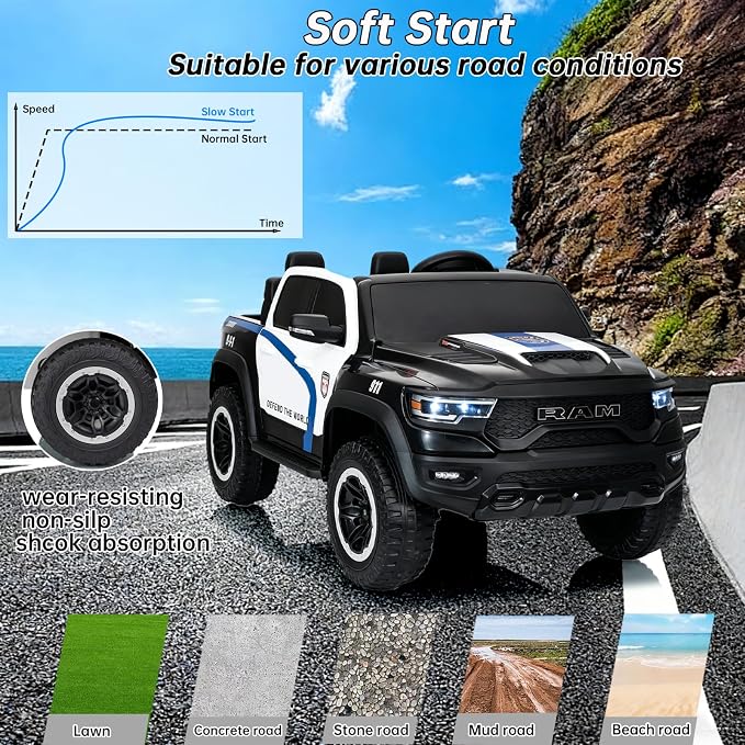 FINITO 4WD Kids 24V 4x4 Kids Ride On 2 Seater Police Truck, Remote Control Ride On Toy Car, Kids' Electric Ride On Truck, Kids' Side by Side Truck for Children Ages 3+, Powered Cars for Kids