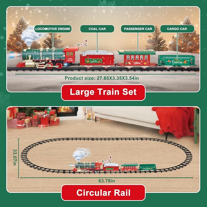Electric Train Set for Kids Ages 4-8 with Real Steam, Lights and Sounds, Complete Toy Train Set with Cars and Tracks, Easy Snap-Together Assembly, Christmas and Year-Round Gift for Children