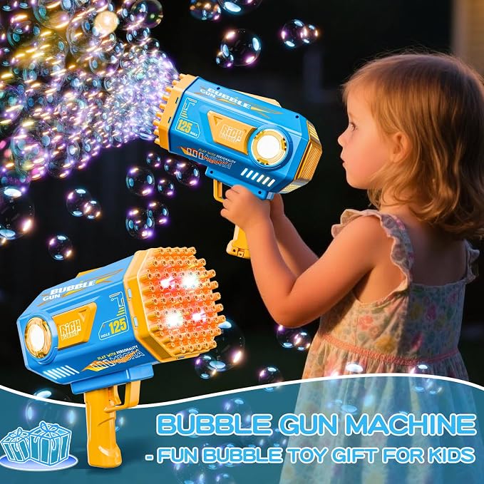 Deserthome Bubble Gun, 125 Holes Bubble Machine with Lights, Bubble Guns for Kids Ages 4-8 Year Old, Big Bubble Gun Blaster for Wedding, Easter Outdoor Toy Birthday Bubble Maker Party Favors (Blue)