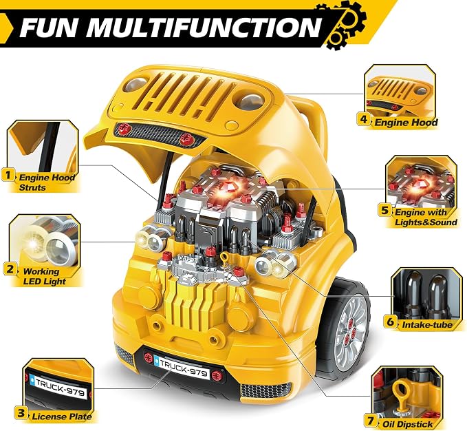 Jumlys Toys for 3, 4, 5, 6, 7, 8 Years Old Boys, Large Truck Engine Toys for Kids 3-5, 5-8 Years Old, Mechanic Repair Set with Electric Drill, Big Truck Builder Kit, Ideal Christmas, Birthday Gifts