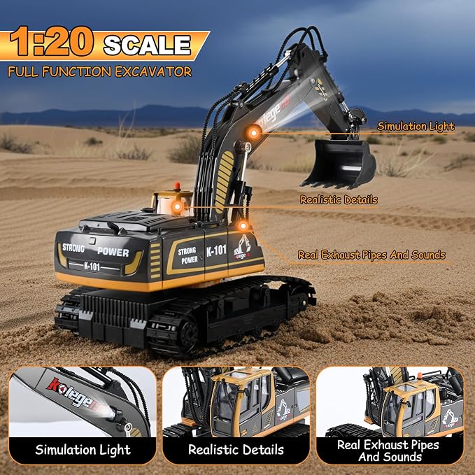 kolegend 1:18 RC Excavator Toys for Boys Metal Bucket Remote Control Excavator 2-Pack Batteries for Non-Stop Digging 2.4Ghz RC Construction Toy with Lights & Learing Cards, Gift for Age 6-10