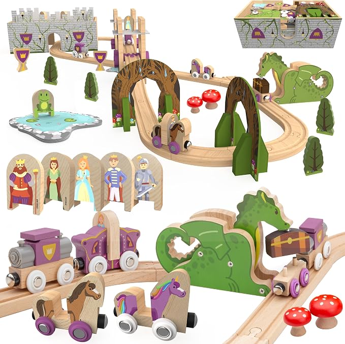 Wooden Train Set 68 PCS Castle Dragon Unicorn Fantasy Kingdom Adventure Playset w/Storage Box Train Toys for Girls Toddlers Grandkids Kids Compatible with Thomas Brio Melissa and Doug