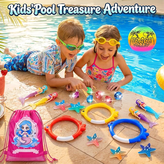 DRAMATION 25 Pcs Pool Diving Toys for Kids Ages 3-12, Mermaid Dive Pool Toys with Diving Gems and Treasure Chest, Diving Rings, Storage Bag, Summer Beach Swim Water Sinking Toys for Boys Girls 3-5 4-8