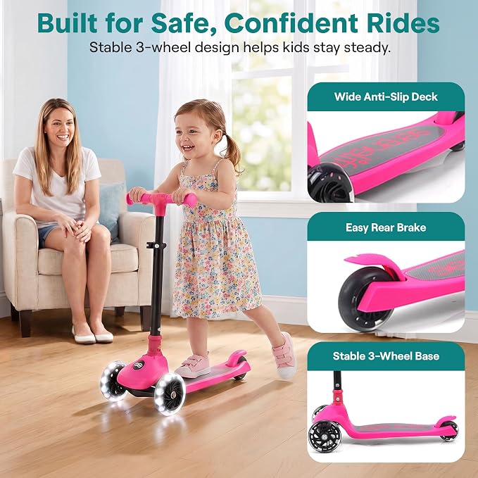 SereneLife Toddler Scooter, Adjustable Micro Scooter for Ages 2-5, Lightweight Kids 3 Wheel Design with LED Light-Up Wheels, Anti-Slip Deck & Lean-to-Steer Control, Indoor/Outdoor Use (Pink)
