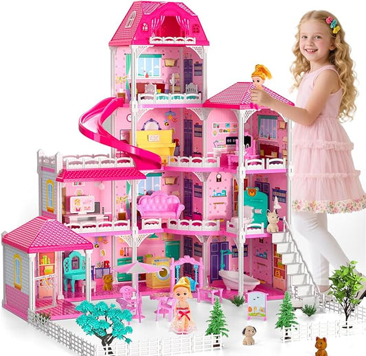 DIY Dollhouses for Girls - 4-Level 10-Room Villa with 2 Dolls, 4 Dogs & Rich Accessories, Dolls House Toys for Kids 4-8 Years Old