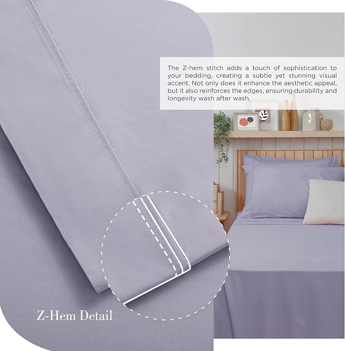 Linen Home 100% Cotton Percale Sheets California King Size, Prelude Purple, Deep Pocket, 4 Pieces Set- 1 Flat, 1 Fitted and 2 Pillowcases, Crisp Cool and Long Staple Strong Bed Linen