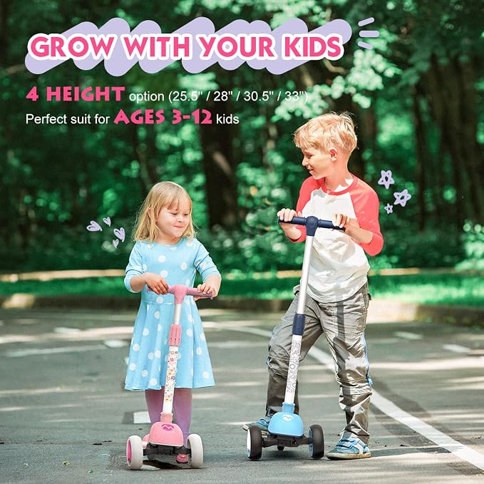 MOUNTALK Kids Scooter for Ages 1-12 Years, 3 Wheels Toddler Scooter for Children Age 1-3/3-5/5-8/8-12 Boys and Girls with Adjustable Heights and LED Wheels