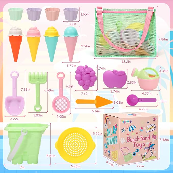 Tagitary Beach Toys for Kids and Mesh Beach Bag with Zipper, Large Beach Tote with 8 Pockets, Sand Toys Storage Pool Bag Beach Accessories for Sports Camping Picnic Travel