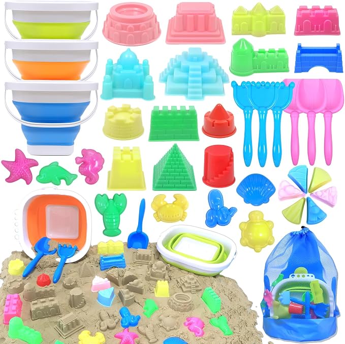 Collapsible Beach Toys for Kids, 38Pcs Sand Toys, 3 Foldable Buckets and Shovels Set with Mesh Bag，Sand Castle Building Kit, Travel Sandbox Toys, Beach Essentials for Kids Toddlers Boys Girls Age 3-10
