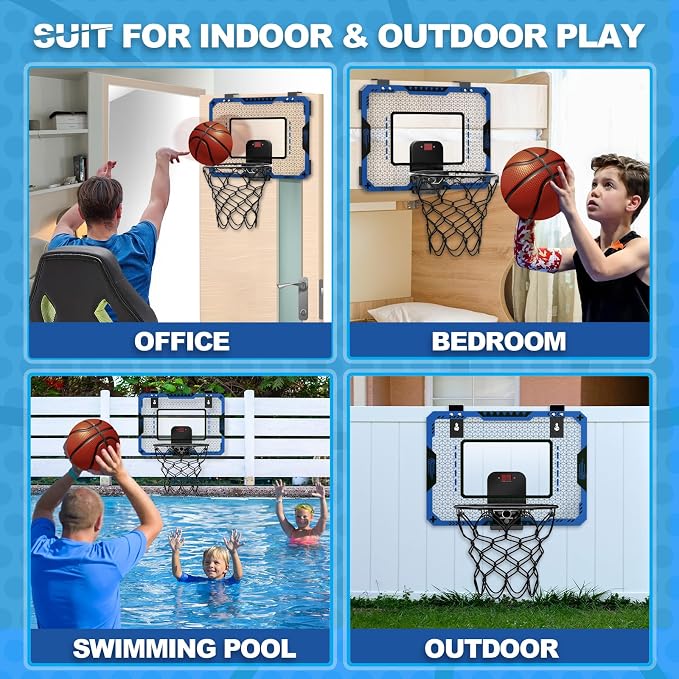 Indoor Basketball Hoop for Kids Age 5-10, Mini Basketball Hoop Over The Door Basketball Hoop with Electronic Scoreboard & 3 Balls - Door Basketball Hoop Indoor for Gift for Boys Age 5-10