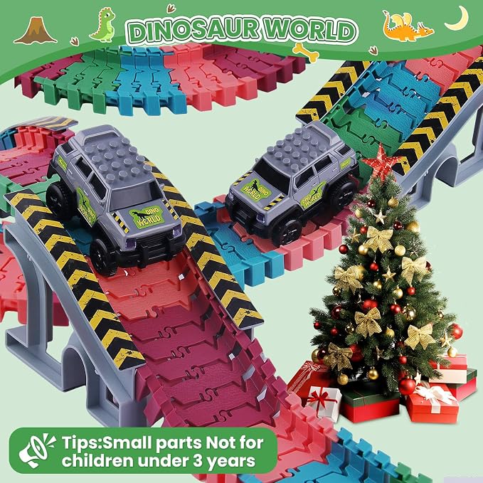 144 PCS Race Tracks Dinosaur Toys for Kids 3-5, Glow in The Dark Magic Toy Set, Flexible DIY Track Set, Birthday Gift for Age 3-9 Boys Toddler Girls,Create a Dinosaur Adventure World