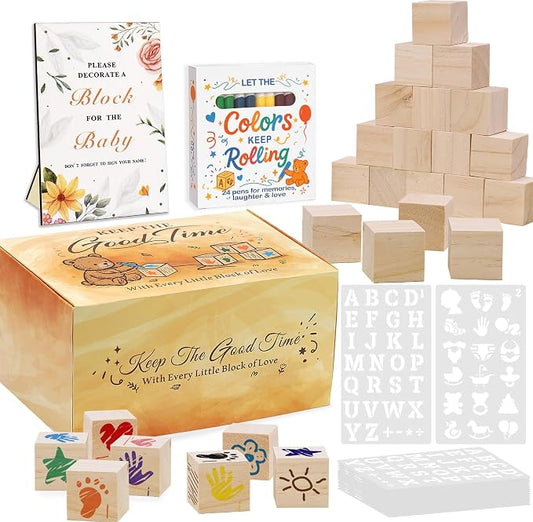 95 PCS Shower Games Sign Kit for Boys Girls, 1 Wooden Game Sign, 52 Blank Wooden Blocks for DIY Drawing, 24 Markers, 18 Stencils, Shower Game for Gender Reveal Activity Decorations