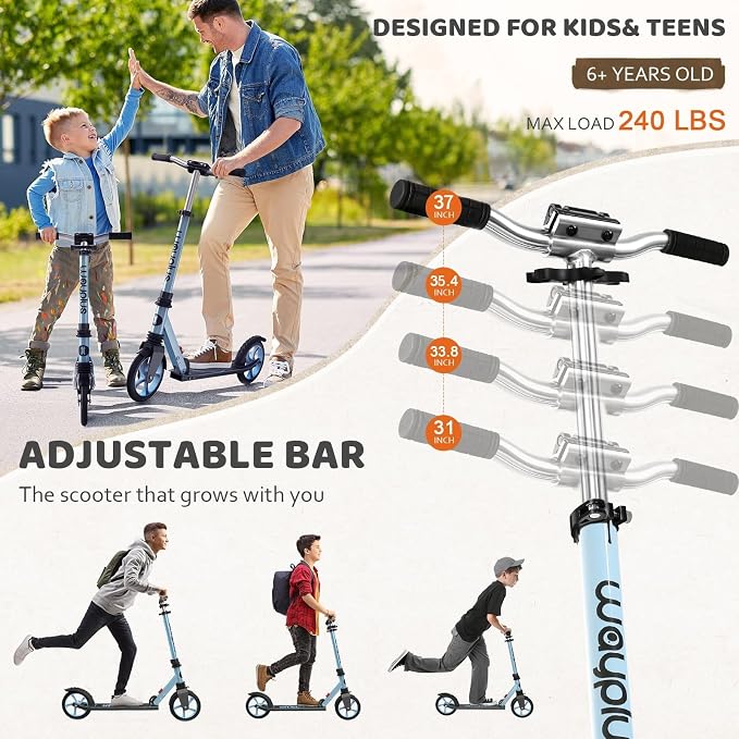 WAYPLUS KS1 Kick Scooter for Ages 6+,Kid, Teens & Adults. Max Load 240 LBS. Foldable, Lightweight, 8IN Big Wheels for Kids, Teen and Adults, 4 Adjustable Levels. Bearing ABEC9 FED Fitness