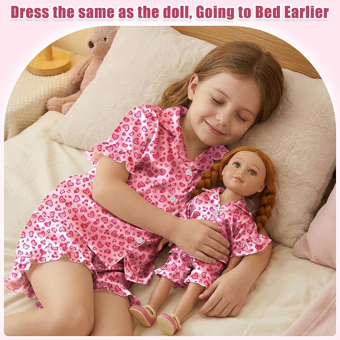 ICOSY Matching Doll & Girls Silk Pajamas Satin Pjs for Girls Button-Down Top and Shorts for 18" Doll Girl Clothes