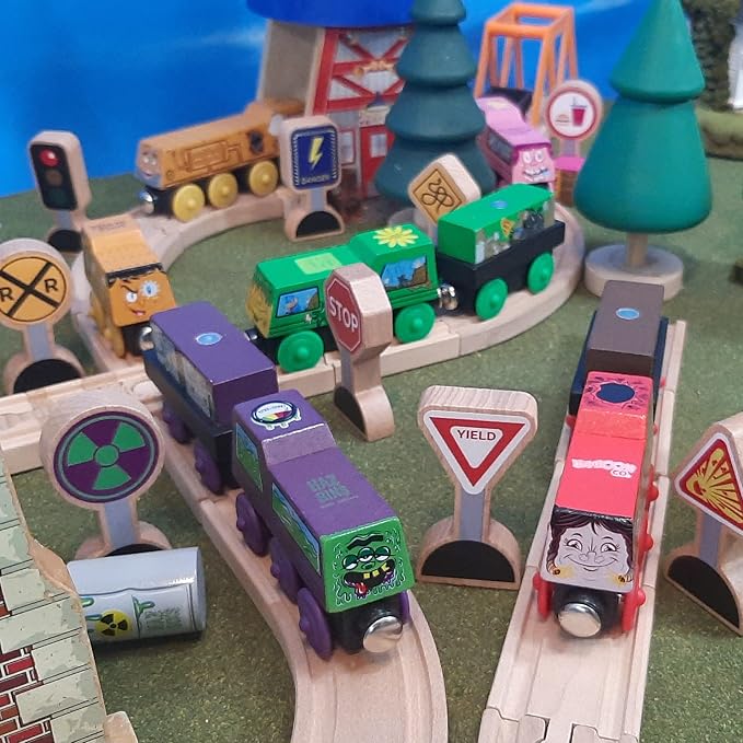 15 Pieces - Wooden Traffic Signs For Kids - Zany Street Signs for Play Mats, Toy Trains and Cars - Wooden Street Signs Road Signs - Educational Preschool Train Track Accessories - Zany Trains Series 2