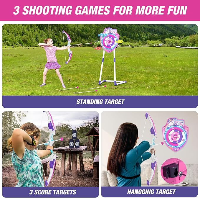 HYES Bow and Arrow for Kids, LED Light Up Unicorn Archery Set with 12 Suction Cup Arrows, 1 Standing Glow Target, 3 Score Targets & 1 Quiver, Indoor Outdoor Sport Toys for Boys Girls Ages 4-12