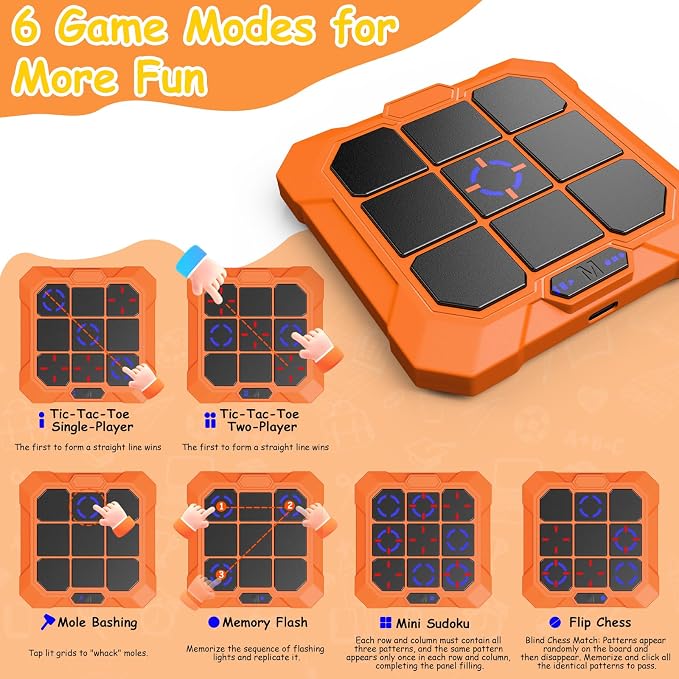 Tic Tac Toe Game, 6-in-1 Electronic Tic Tac Toe with Mute & Rechargeable - Handheld Travel Board Game for Kids Ages 4+, Adults, Family - Educational Learning Toy for Boys Girls, Orange