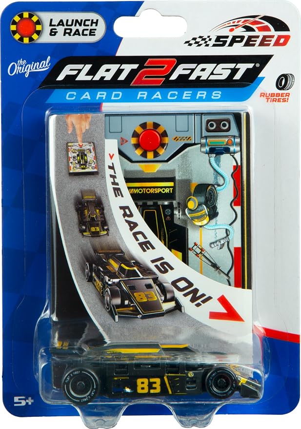 FLAT 2 FAST Original Speed Card Racer – Flat Car Racer and Pocket Size Racecar Launcher with Real Rubber Tires for High-Speed Racing – Transforming Toy Car for Boys – Load, Launch, Race! – Onyx Black