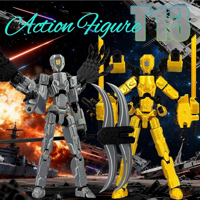 T13 Assembly Completed Action Figure Set, Multi-Jointed Movable 3D Printed Robot Toy, Cool Desktop Decoration Collectible Gift for Game Lovers (Gery and Gold)