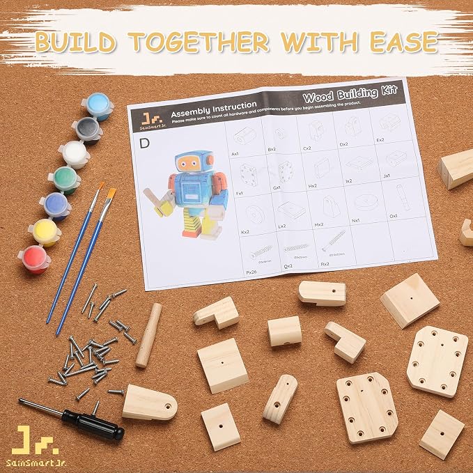 SainSmart Jr. Woodworking Building Kits for Kids, 4-in-1 Wood Building Kits for Kids STEM Projects Set, DIY Arts & Crafts Assembly Toys with Paints & Brushes, Ideal Gift for Boys and Girls