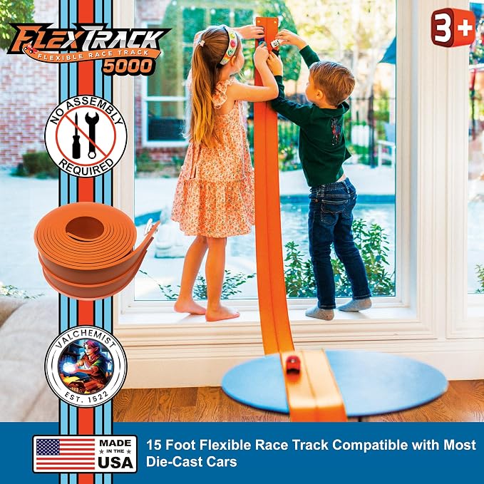 Valchemist FlexTrack 5000 Flexible Race Car Track for Kids Toy with Suction Cups Compatible with Diecast 1/64th Cars and More 15 Feet Long Rolls Up Portable Racetrack (Limited Fireline Edition)
