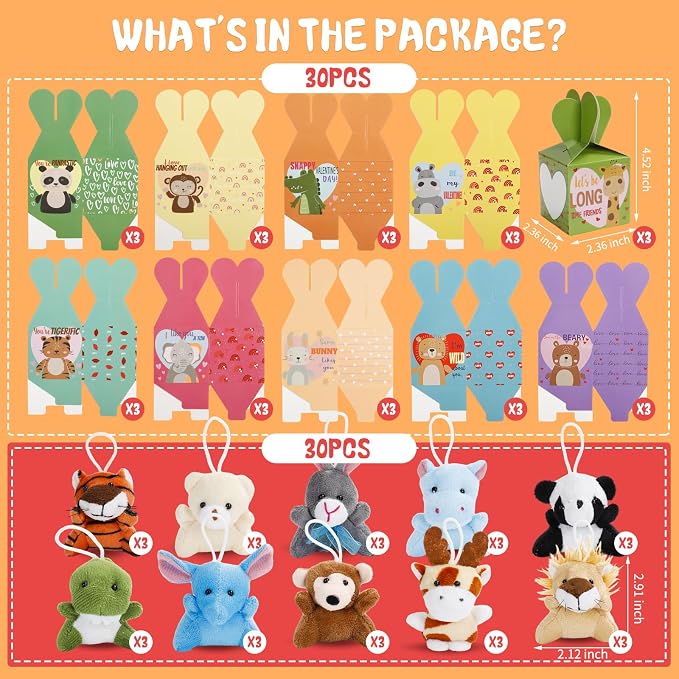 ATFUNSHOP 30 Pack Animal Plush Keychains Bulks – Easter Basket Fillers, Valentines Day Gifts for Kids, Small Stuffed Animals Toys with Gift Boxes, School Classroom Party Favors for Students