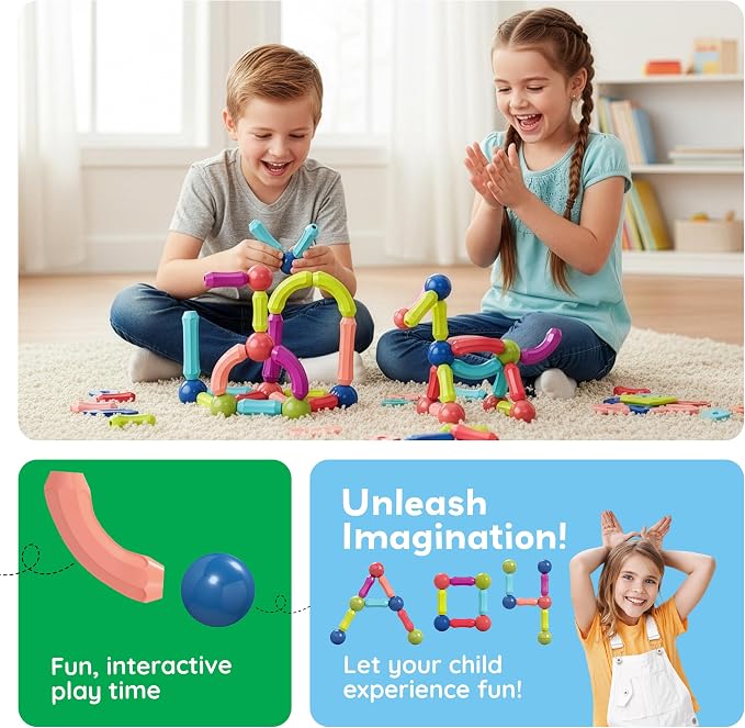 PicassoTiles Magnetic Building Stick Block Construction Set with Storage Bin Colorful 3D STEM Toy Blocks Bar Balls & Rods Montessori Educational for All Ages Puzzle Toy for Boys & Girls PTX50