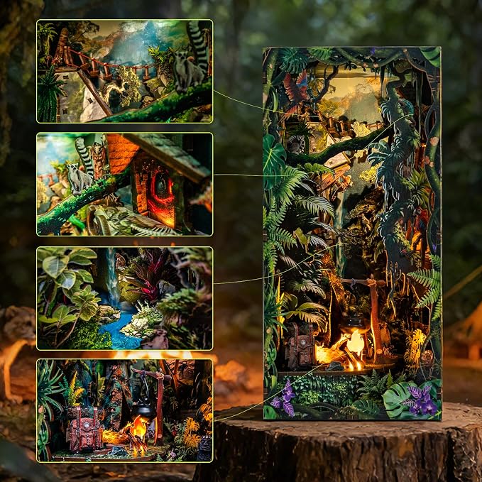 fifijoy Jungle Adventure Book Nook Kit - DIY Miniature Dollhouse Booknook for Adults, 3D Wooden Puzzle Bookend Bookshelf Decor with LED Light and Sound Effects, Creative Gift for Family, Friends