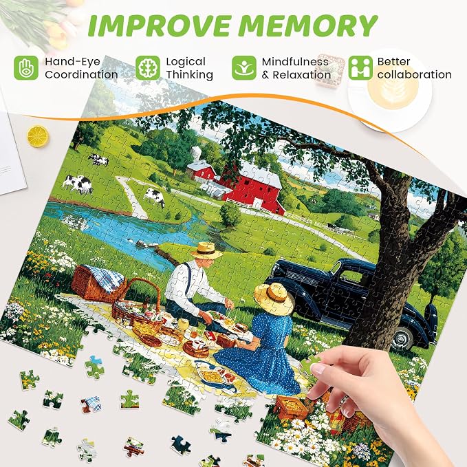500 Piece Puzzles for Adults, Countryside Picnic Jigsaw Puzzle, Vintage Farm Landscape Puzzle with Lake,Barn and Cows, Rural Scenery Puzzle with Letters on Back, Fun Family Game Gift for Teens Seniors