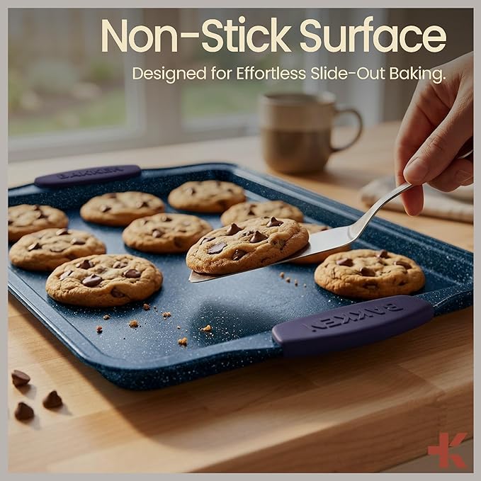 BAKKEN Kitchen Baking Pan Set - Nonstick Coating, Carbon Steel Bakeware Sets with Blue Silicone Handles, Baking Kitchen Essentials, PFOA, PFOS, PTFE Free, Oven Safe Tray (Up To 450° F), Set of 10