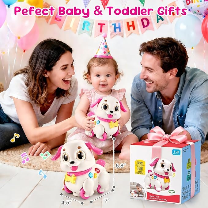 Yunaking Musical Puppy Toy for 1 Year Old Girl Gifts: Interactive Learning Baby Toy 6-12- 18 Months, Auto-Avoid Obstacle, Encourages Crawling & Walking, 1st Birthday Xmas Gift for 1 2 Year Old Girl