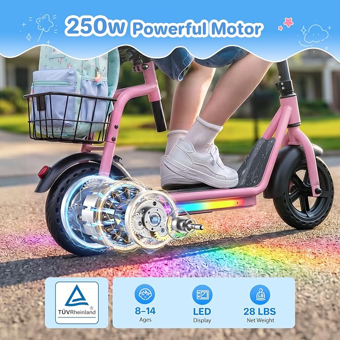 iScooter 2-in-1 Kids Electric Scooter ik7,Up to 12mph&10Miles Range，250W Motor, Headlight & Brake Taillight, Removable Seat&Basket, Smart App Parental Control,Electric Scooter for Kids Ages 10-14